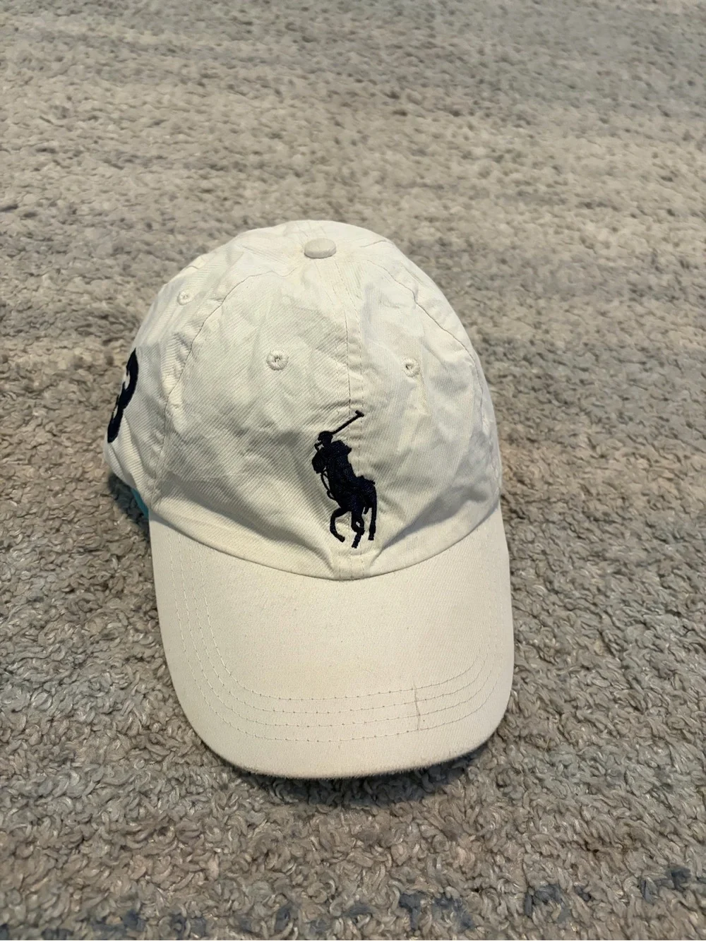 Polo Ralph Lauren Big Pony #3 Baseball Cap White Navy Blue Strapback Dad Hat